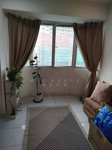 Room features: floor-to-ceiling windows, beige curtains, light-colored walls, white tiled flooring, potted plant, corner sofa in beige, area rug with geometric pattern, cardboard box; style: modern; view: city.