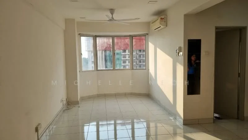 Living features: white painted walls, glossy ceramic tile flooring, 5-blade ceiling fan, floor-to-ceiling windows, natural light from windows, air conditioning unit, neutral decor, corner view, open layout; style: modern; view: city.