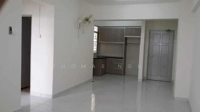 Room features: white painted walls, glossy white tile flooring, ceiling fan, kitchen cabinetry in light wood, open kitchen layout, window with natural light, doorway leading to another room, neutral color scheme; style: modern.