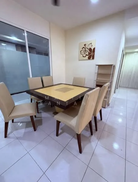 Dining features: 6-seater dining table, beige upholstered dining chairs, square table with a central decorative element, white walls, tile flooring, large sliding glass door, decorative wall art with floral pattern, built-in shelving unit; style: modern.