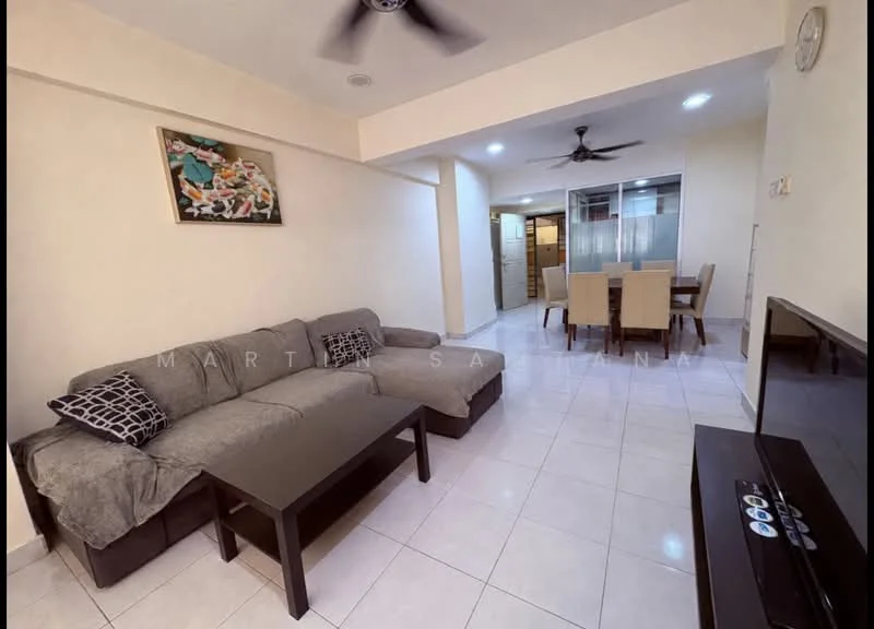 Living features: 3-seater fabric sofa in grey, coffee table, wall-mounted TV, ceiling fan, white painted walls, tile flooring, decorative artwork, dining area with 6-seater dining table, open layout, recessed lighting; style: modern.