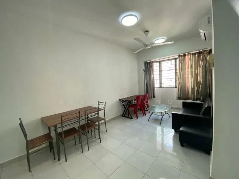 Living features: white painted walls, glossy white tile flooring, 5-blade ceiling fan with light, recessed ceiling lights, sofa in black leather, glass coffee table, dining table with 4 metal chairs, additional red plastic chairs, window with sheer curtains; style: modern.