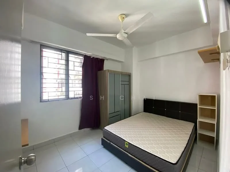 Bedroom features: single bed mattress, ceiling fan, white painted walls, grey tiled flooring, window with metal grille, purple curtain, built-in wardrobe, open shelving unit; style: minimalist.