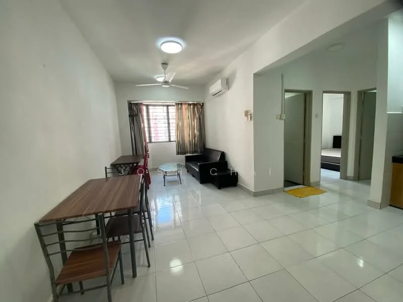 Living features: white painted walls, ceramic tile flooring, 5-blade ceiling fan with light, wall-mounted air conditioning unit, sofa in black, 2 dining tables with metal frames and wooden tops, window with sheer curtains, light from ceiling fixture; style: modern. Room features: doorway leading to other rooms, light-colored walls, ceramic tile flooring.