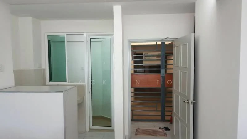 Room features: white painted walls, ceramic tile flooring, glass sliding door, partition wall with metal grille, built-in cabinet, door with handle, window with clear glass, bathroom door; style: modern.