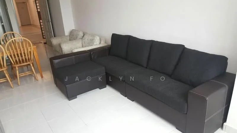 Living features: 3-seater fabric sofa in black, 2-seater fabric sofa in light color, coffee table, dining table with 4 chairs, white tiled flooring, plain white walls, natural light from windows, neutral color scheme; style: modern.
