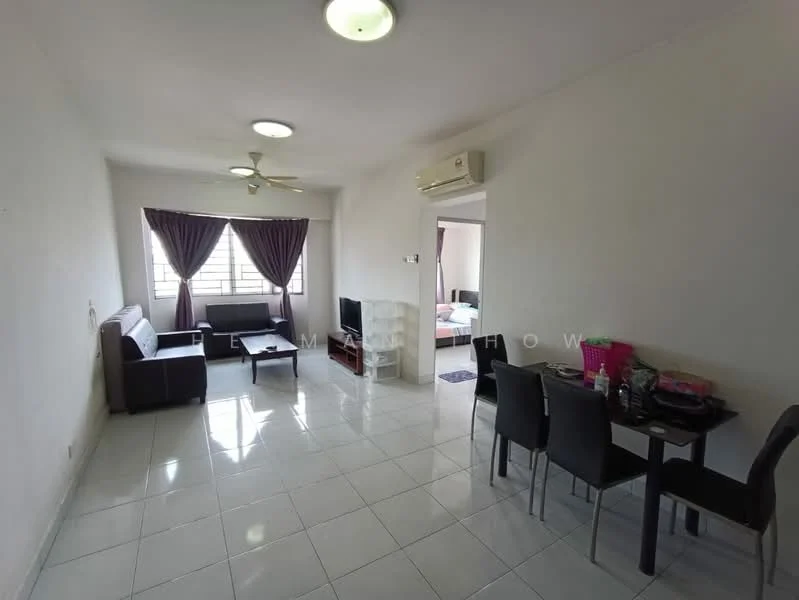 Living features: white painted walls, glossy tile flooring, 5-blade ceiling fan with light, sofa in dark grey, coffee table, wall-mounted TV, TV console, floor-to-ceiling windows with sheer curtains, area rug, air conditioning unit; style: modern. Dining features: 4-seater dining table, black dining chairs, decorative items on table; style: modern.