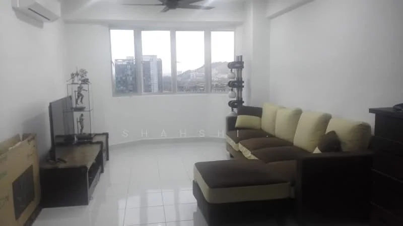 Living features: L-shape sectional sofa in beige and brown, wall-mounted TV, TV console, ceiling fan, white painted walls, glossy tile flooring, floor-to-ceiling windows, city view, decorative sculpture, dark wood storage cabinet; style: modern; view: city.