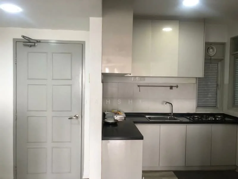Kitchen features: white glossy cabinetry, black countertop, single-bowl stainless-steel sink, chrome pull-down faucet, 4-burner gas hob, built-in oven, tile backsplash, window with blinds, recessed LED downlights, grey painted walls, door with panel design; style: modern.
