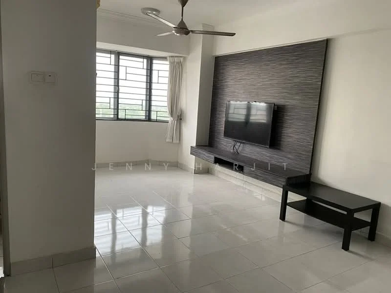 Living features: white painted walls, glossy ceramic tile flooring, 5-blade ceiling fan, wall-mounted TV, black TV console, large windows with metal grilles, curtains, neutral color scheme, decorative feature wall with textured finish; style: modern; view: garden.