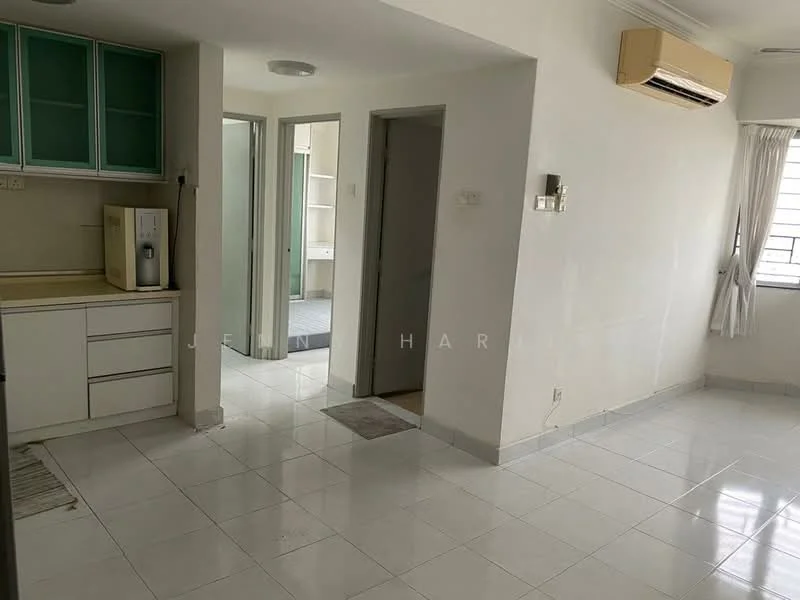 Kitchen features: white cabinetry, light-colored countertop, stainless-steel fridge, single-bowl stainless-steel sink, chrome pull-down faucet, tile flooring, wall-mounted split AC; style: modern. Living features: white walls, tile flooring, window with sheer curtains, wall-mounted split AC; style: modern. Room features: doorway leading to another room, neutral wall color, tile flooring.