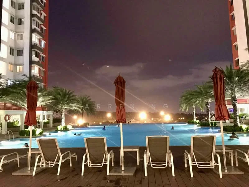 Exterior type: high-rise condominium; features: infinity pool, pool deck with loungers, palm trees, landscaped garden, night lighting, surrounding residential buildings; style: modern.
