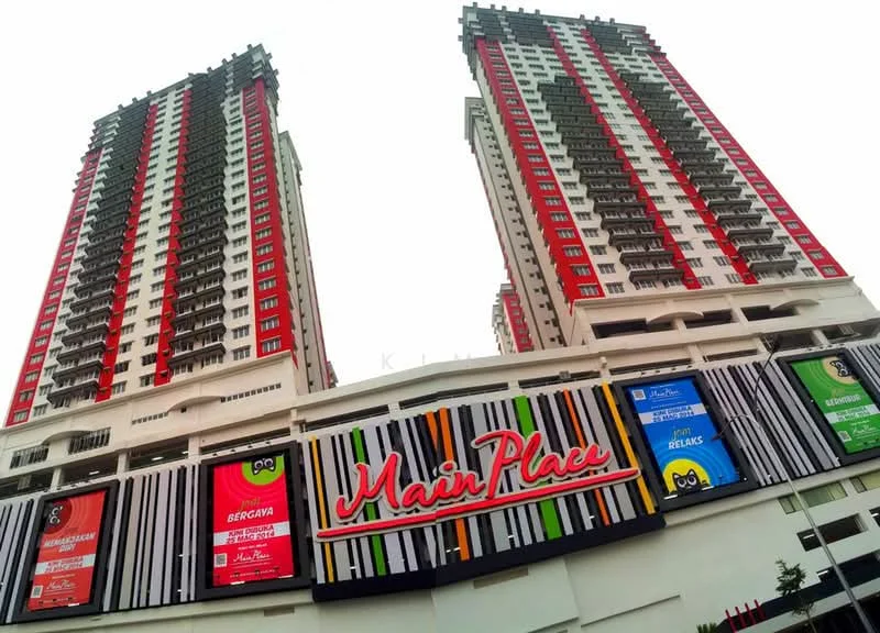 Exterior type: high-rise condominium; features: glass curtain wall, red and white painted facade, two towers, prominent signage, multiple balconies, modern architectural design; style: modern.