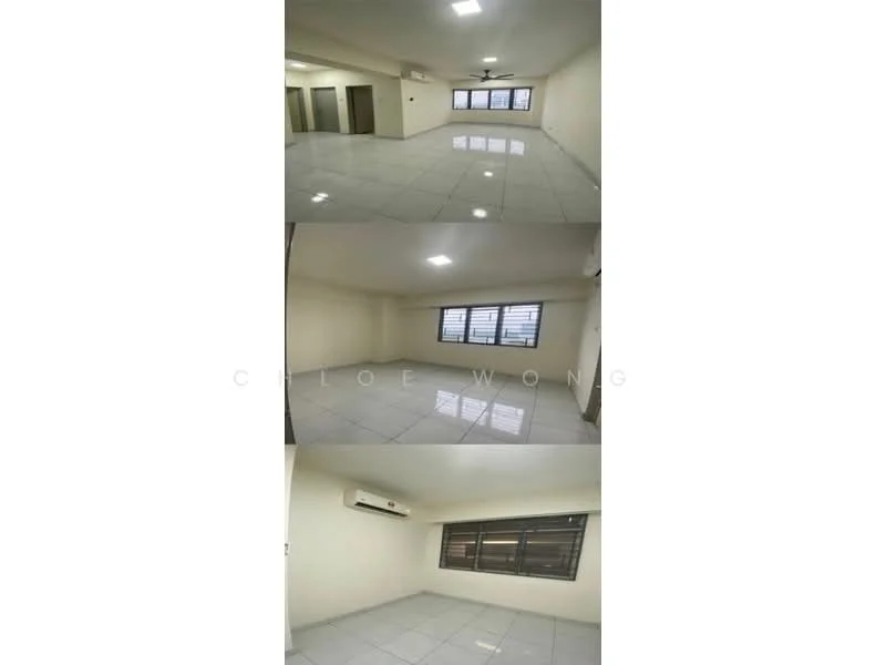 Room features: white painted walls, glossy ceramic tile flooring, ceiling with recessed lighting, 1 wall-mounted split AC, large windows with horizontal blinds, neutral color scheme, open layout, no visible furniture; style: modern.
