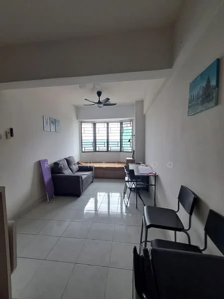 Living features: grey fabric sofa, window seat with storage, white painted walls, glossy white tile flooring, ceiling fan, dining table with chairs, wall-mounted artwork, natural light from windows; style: modern.