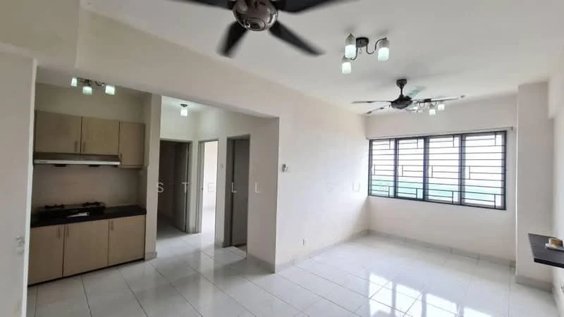 Living features: white painted walls, glossy white tile flooring, 5-blade ceiling fan with light, recessed LED downlights, large windows with black metal frames, open layout, kitchenette with dark cabinetry, gas stove, countertop space, dining area, neutral color scheme; style: modern; view: city. Room features: white painted walls, glossy white tile flooring, doorway leading to other rooms.