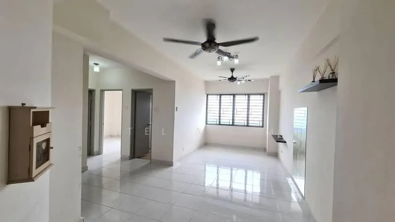 Living features: white painted walls, glossy ceramic tile flooring, 5-blade ceiling fan with light, recessed downlights, large window with grid pattern, wall-mounted mirror, open layout, neutral color scheme; style: modern. Room features: white painted walls, glossy ceramic tile flooring, 5-blade ceiling fan, doorway leading to other rooms.