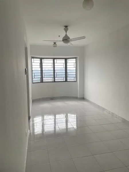 Room features: white painted walls, glossy white tile flooring, 5-blade ceiling fan, large bay windows, natural light from windows, corner room layout, no visible furniture, smooth ceiling; style: minimalist; view: city.