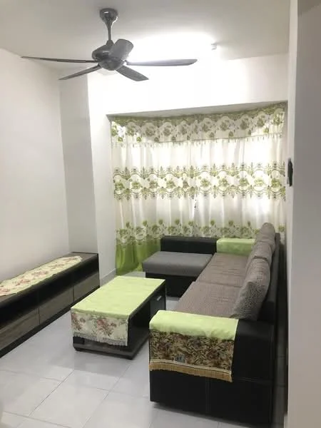 Living features: 3-seater fabric sofa in grey, L-shape sectional sofa, coffee table, ceiling fan, white painted walls, white tiled flooring, curtains with floral pattern, decorative table covers; style: modern.