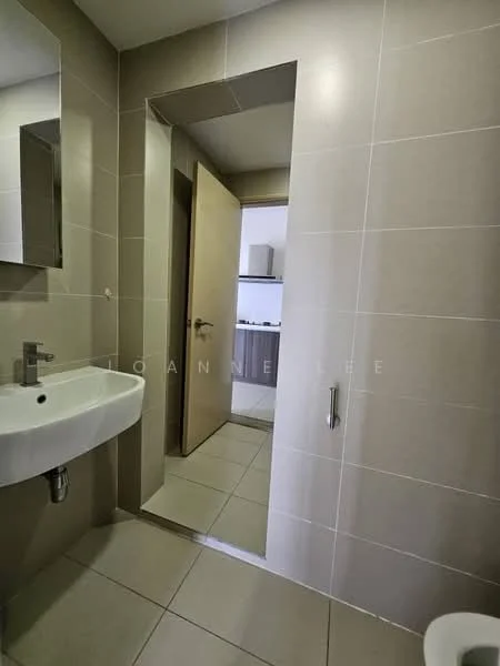 Room features: light beige tiled walls, light beige tiled flooring, wall-mounted sink, chrome faucet, mirror above sink, wooden door, door frame, open doorway leading to another room; style: modern.
