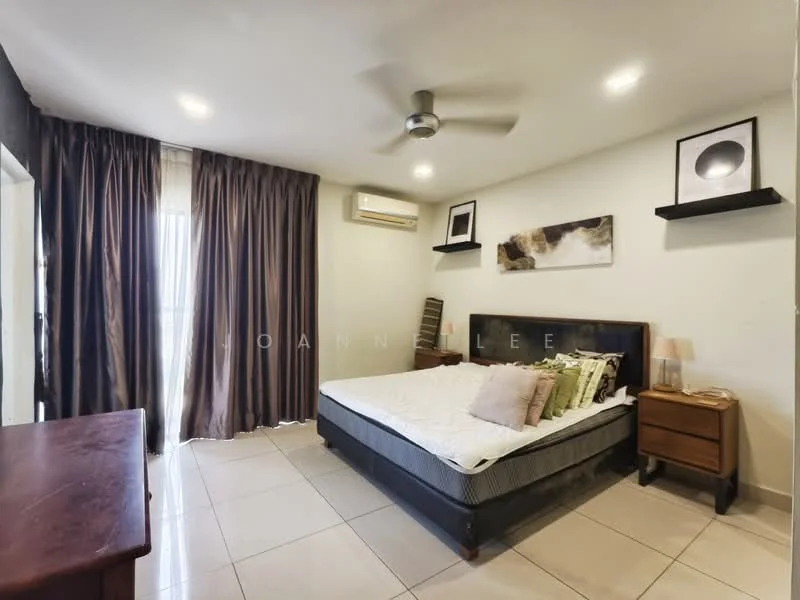 Bedroom features: queen-size bed, upholstered headboard, 2 bedside tables with drawers, ceiling fan, wall-mounted artwork, curtains, air conditioning unit, tile flooring; style: modern.