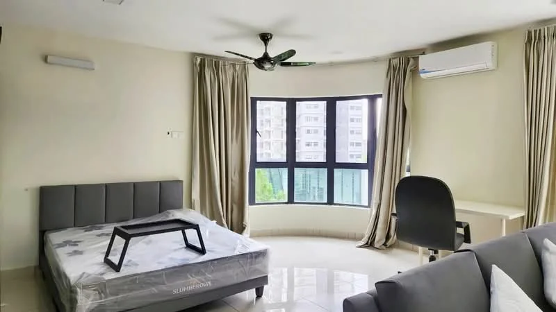 Bedroom features: queen-size bed with mattress, grey upholstered bed frame, floor-to-ceiling windows, curtains, ceiling fan with light, wall-mounted air conditioning unit, white painted walls, glossy tile flooring, study desk, office chair, decorative throw pillows on sofa; style: modern.