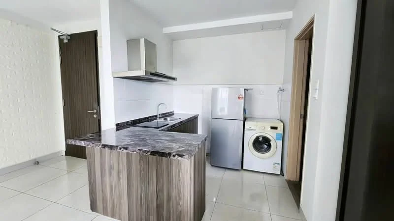 Kitchen features: marble countertop, stainless-steel sink, chrome pull-down faucet, built-in oven, stainless-steel range hood, fridge, front-load washing machine, wood cabinetry, white tiled walls, white painted walls, ceramic tile flooring, recessed downlights; style: modern.