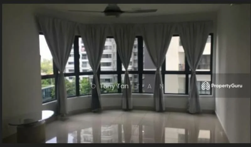 Living features: floor-to-ceiling windows, sheer curtains, cream painted walls, polished tile flooring, ceiling fan, corner layout, natural light, view of surrounding buildings; style: modern; view: city.