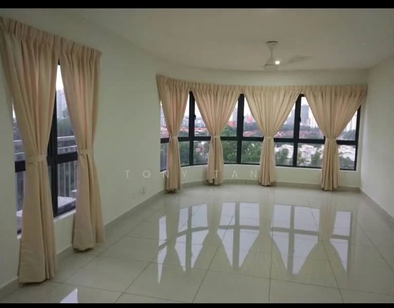 Living features: white painted walls, glossy ceramic tile flooring, 5-blade ceiling fan with light, floor-to-ceiling windows, sheer curtains, city view; style: modern; view: city.