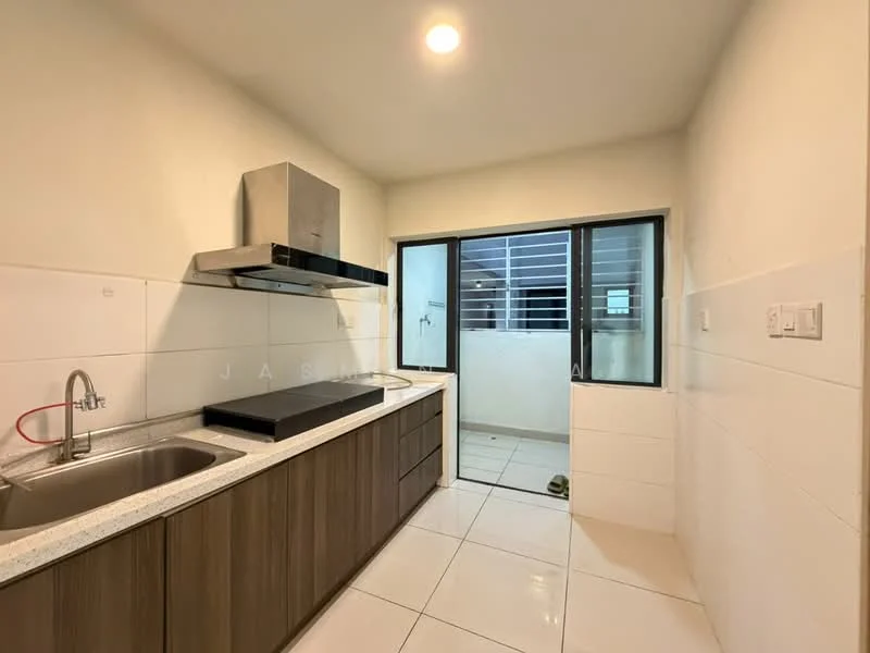 Kitchen features: single-bowl stainless-steel sink, chrome pull-down faucet, granite countertop, wood cabinetry, built-in oven, stainless-steel range hood, ceramic tile flooring, white tiled walls, floor-to-ceiling windows, sliding glass door, view of balcony; style: modern.