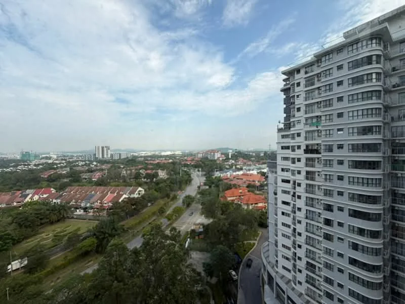 Exterior type: high-rise condominium; features: glass curtain wall, recessed balconies, surrounded by greenery, urban landscape view, city skyline in background; style: modern.