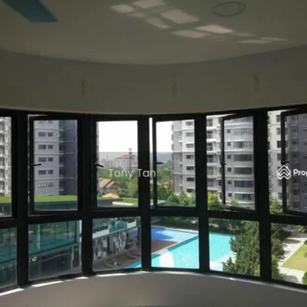Room features: floor-to-ceiling windows, curved wall, view of swimming pool, view of surrounding buildings, natural light, white walls, ceiling lights, light-colored flooring; style: modern; view: pool.