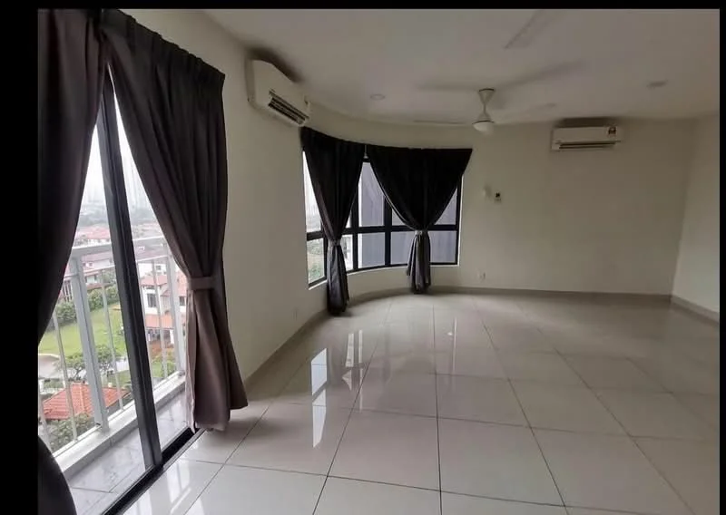 Living features: large floor-to-ceiling windows, grey curtains, white painted walls, polished ceramic tile flooring, ceiling fan, wall-mounted split AC, corner layout, natural light, view of greenery; style: modern; view: garden.