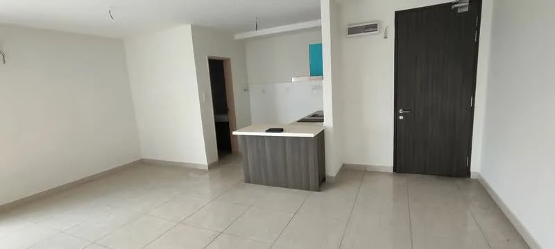 Room features: white painted walls, tile flooring, kitchen island with dark wood cabinetry, open layout, single door, air conditioning unit, recessed lighting, no visible appliances, no visible furniture; style: modern.