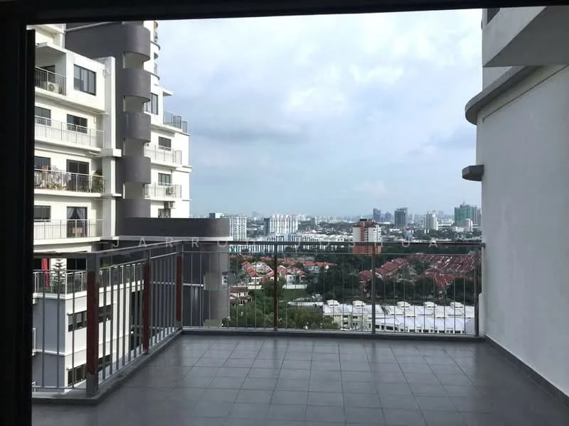 Room features: floor-to-ceiling sliding glass doors, grey tiled flooring, metal railing, city skyline view, open balcony space, concrete wall, partially covered area; style: modern; view: city.