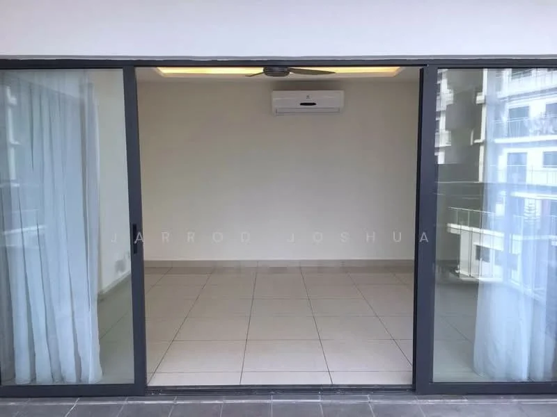 Room features: sliding glass door, floor-to-ceiling windows, white painted walls, ceiling fan, tile flooring, sheer curtains, air conditioning unit.