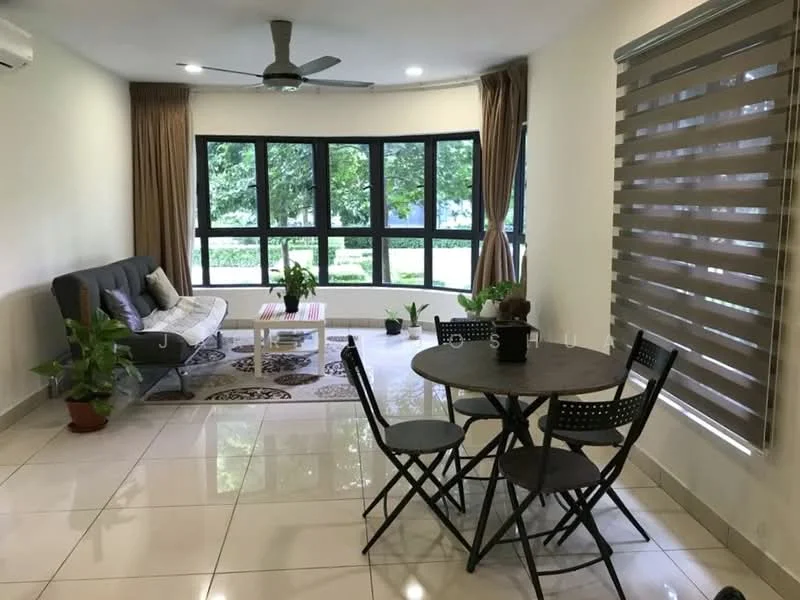 Living features: 3-seater fabric sofa in grey, coffee table, area rug with geometric pattern, floor-to-ceiling windows, curtains, ceiling fan, decorative plants, white painted walls, polished ceramic tile flooring; style: modern; view: garden. Dining features: round dining table, black folding chairs, white painted walls, polished ceramic tile flooring; style: modern; view: garden.