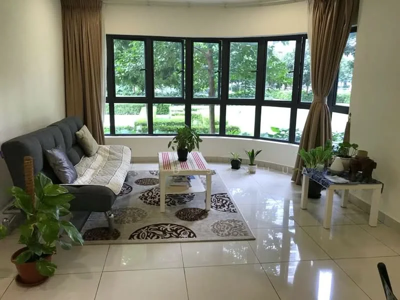 Living features: grey fabric sofa, white coffee table, area rug with geometric pattern, floor-to-ceiling windows, curtains in beige, potted plants, decorative plants on the floor, white side table; style: modern; view: garden.