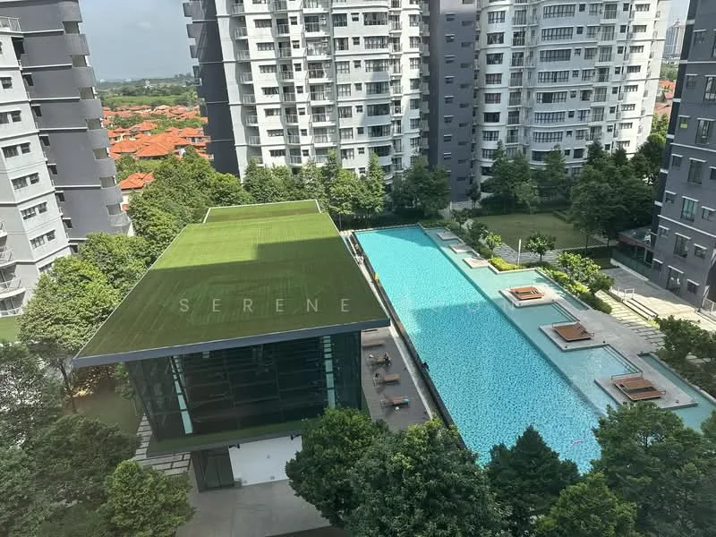Exterior type: high-rise condominium; features: infinity pool, pool deck with loungers, landscaped garden, manicured lawn, surrounded by mature trees, glass facade on clubhouse, green roof on clubhouse, multiple high-rise buildings, urban context with residential area in background; style: modern.