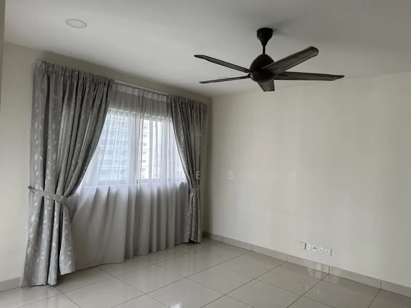 Room features: floor-to-ceiling window, sheer curtains, grey curtains, 5-blade ceiling fan, white painted walls, glossy tile flooring, light switch, power outlets; style: modern; view: city.