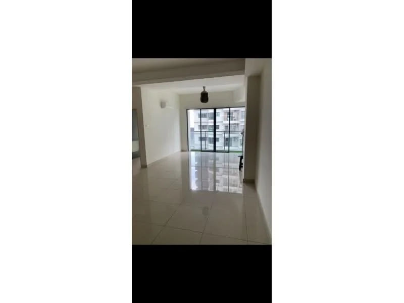 Living features: white painted walls, glossy tile flooring, floor-to-ceiling windows, sliding glass door, ceiling light fixture, air conditioning unit, open layout, natural light; style: modern; view: city.
