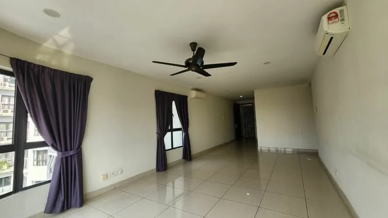 Living features: cream painted walls, glossy tile flooring, 5-blade ceiling fan, 2 large windows with black frames, purple curtains, wall-mounted split AC, recessed downlights, neutral decor; style: modern.