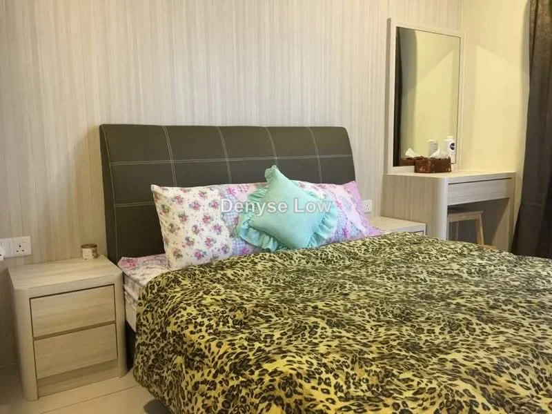 Bedroom features: queen-size bed with leopard print bedding, upholstered headboard, nightstand with drawer, table lamp, dressing table with mirror, wooden flooring, light-colored walls with vertical paneling, curtains, decorative pillows with floral pattern; style: modern.