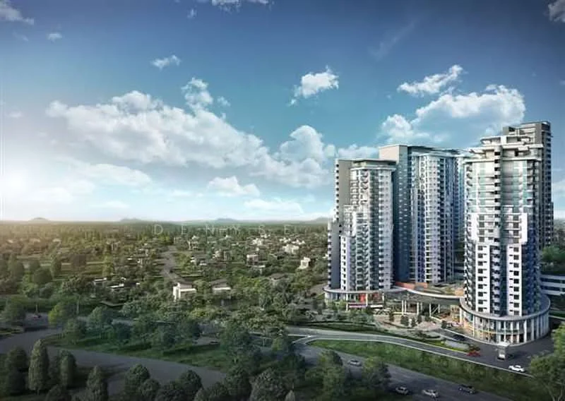 Exterior type: high-rise condominium; features: glass curtain wall, projecting balconies, surrounded by greenery, landscaped grounds, multiple towers, modern architectural design, open-air parking lot, driveway with interlocking pavers; style: modern.