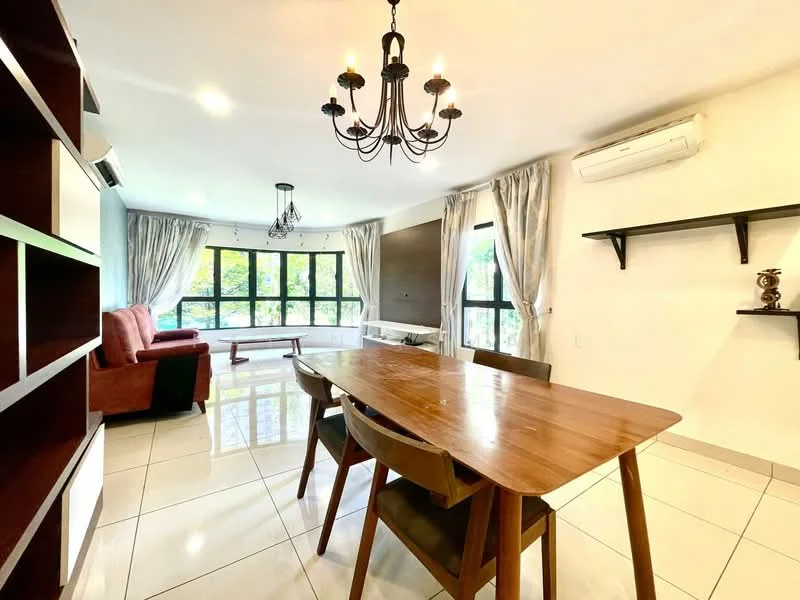Dining features: wooden dining table, 4 dining chairs, chandelier light fixture, recessed ceiling lights, white walls, large windows with sheer curtains, air conditioning unit on wall, polished tile flooring, decorative wall shelf, sofa in background, greenery view outside; style: modern; view: garden.
