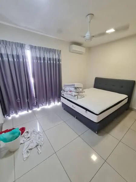 Bedroom features: queen-size bed, upholstered headboard, grey bed frame, white bed linens, 2 sheer curtains, 1 wall-mounted split AC, ceiling fan, tile flooring, light-colored painted walls, decorative wall light; style: modern.