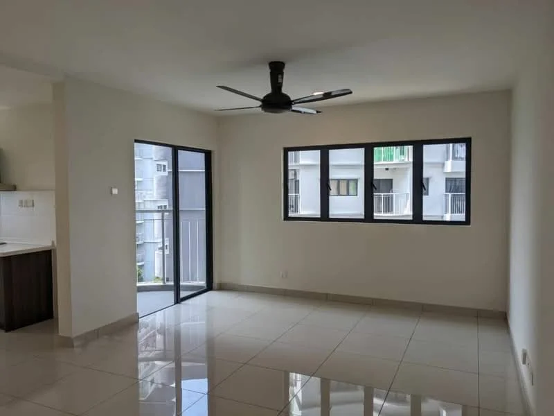 Living features: white painted walls, glossy ceramic tile flooring, 5-blade ceiling fan with light, floor-to-ceiling windows, sliding glass door, balcony access, natural light from windows, neutral color palette; style: modern; view: courtyard.