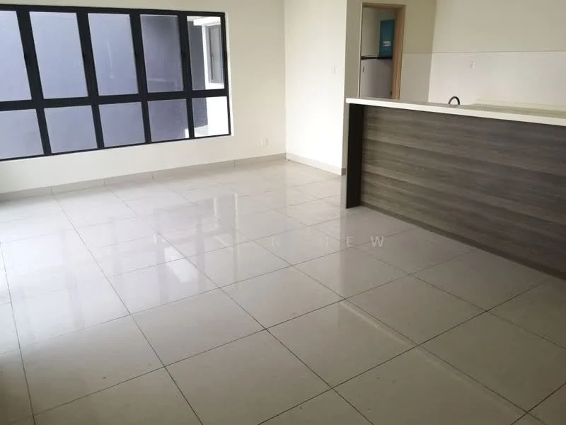 Living features: large floor-to-ceiling windows, white painted walls, polished ceramic tile flooring, open layout, kitchen island with wood cabinetry, neutral color scheme, no visible furniture, bright natural light; style: modern.