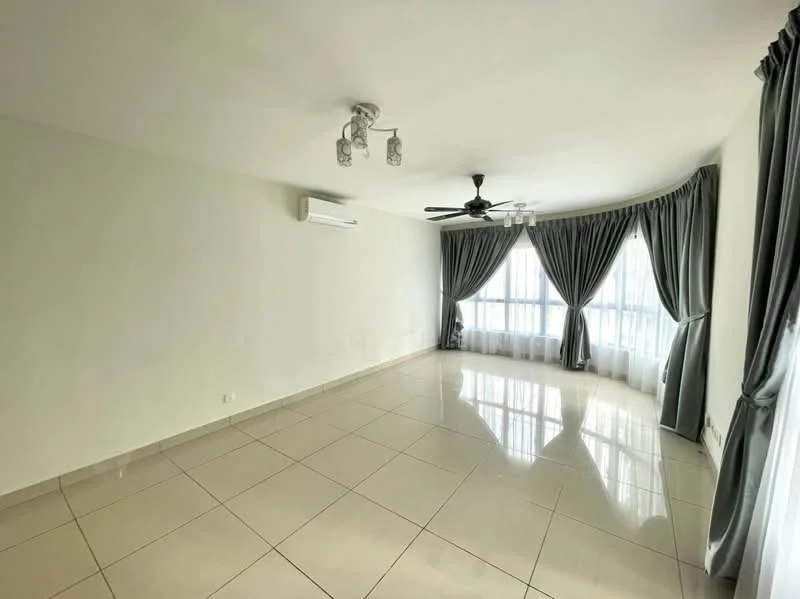 Living features: white painted walls, glossy ceramic tile flooring, 5-blade ceiling fan with light, floor-to-ceiling windows, sheer curtains, blackout curtains, wall-mounted split AC, recessed downlights, curved window design, light grey drapes; style: modern.