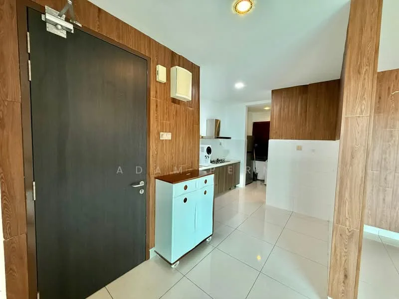 Room features: dark wooden wall paneling, white tiled flooring, white cabinetry with wheels, kitchen countertop, built-in gas stove, exhaust hood, light fixtures in ceiling, wall-mounted light switch, door with modern handle, open layout, neutral wall color; style: modern.